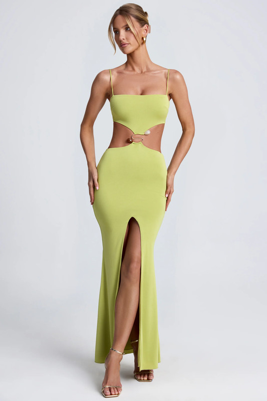 Hardware Detail Cut-Out Maxi Dress in Olive Green - UK Size:10